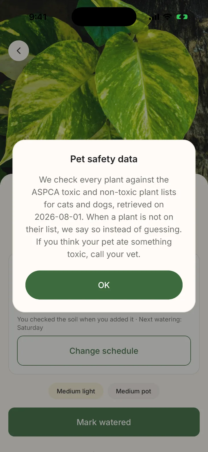 Vivaz explaining that pet safety data comes from the ASPCA lists