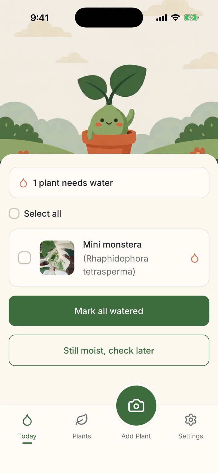 The Today screen in Vivaz listing the plants to check